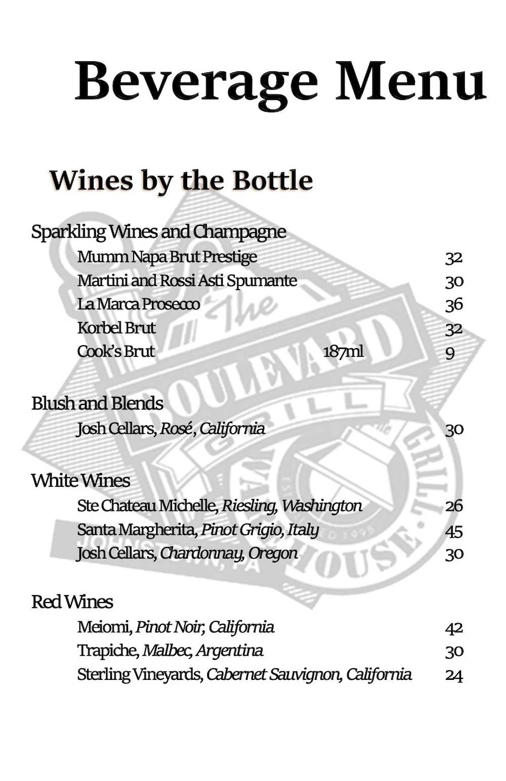 The Blvd Grill beverage menu page 1.
