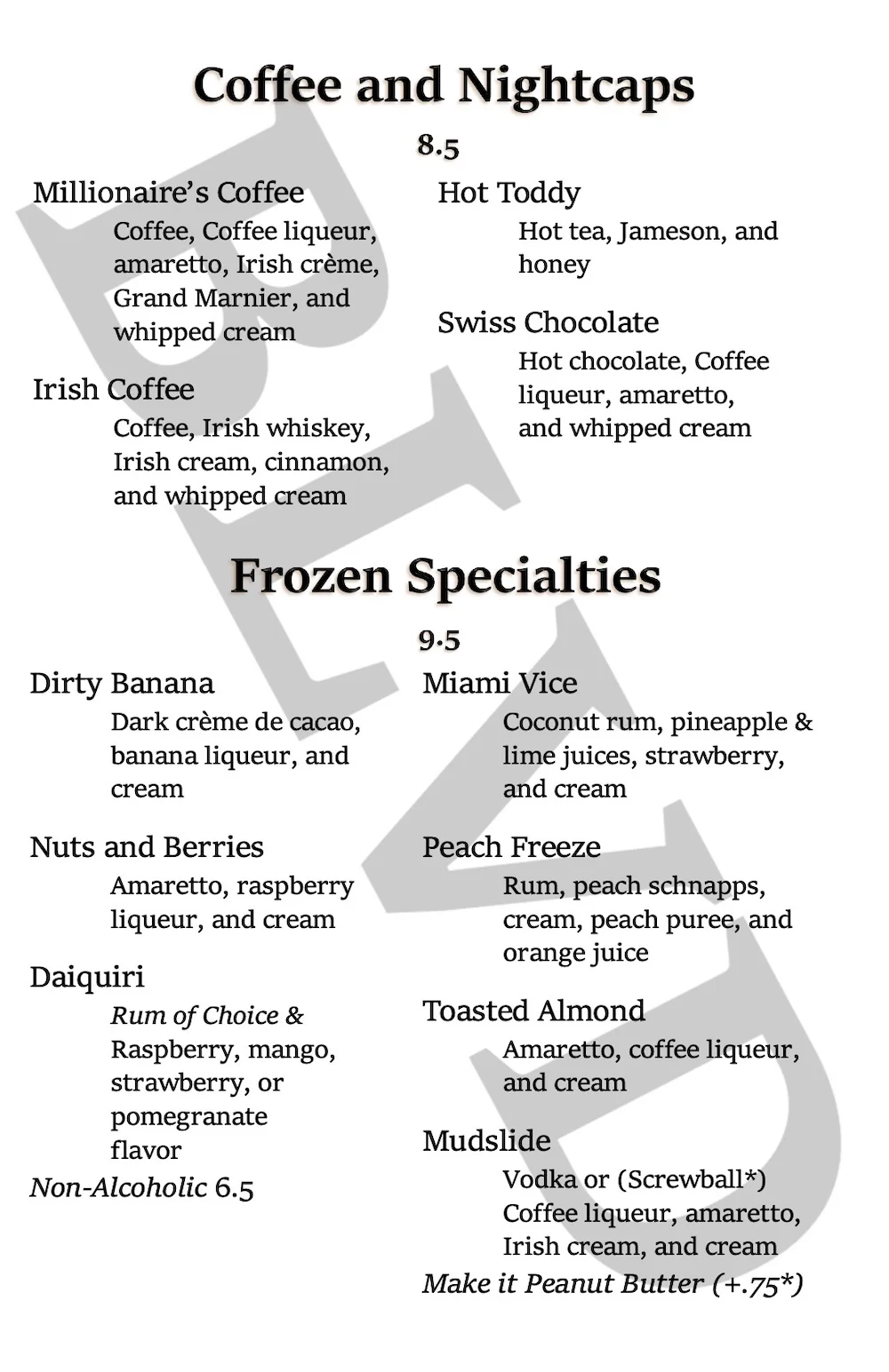 The Blvd Grill beverage menu page 2.