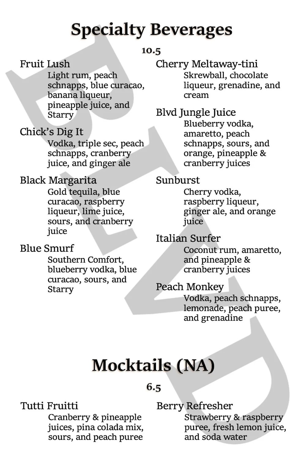 The Blvd Grill beverage menu page 3.