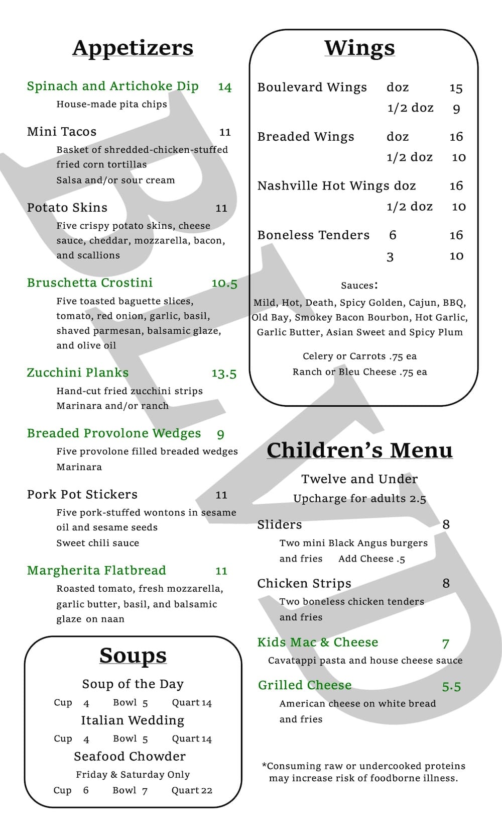 Blvd Grill Dinner Menu