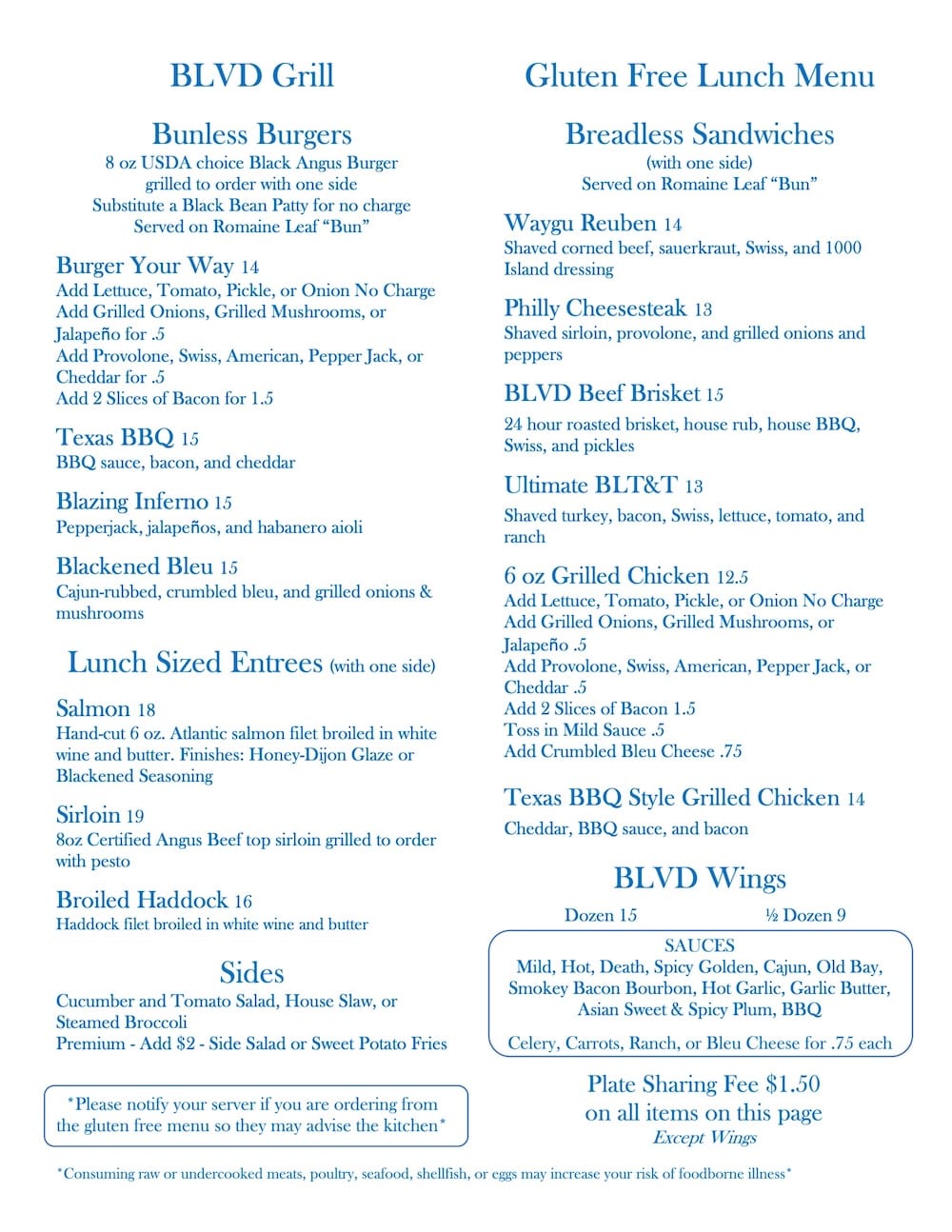 Blvd Grill Gluten Free Menu