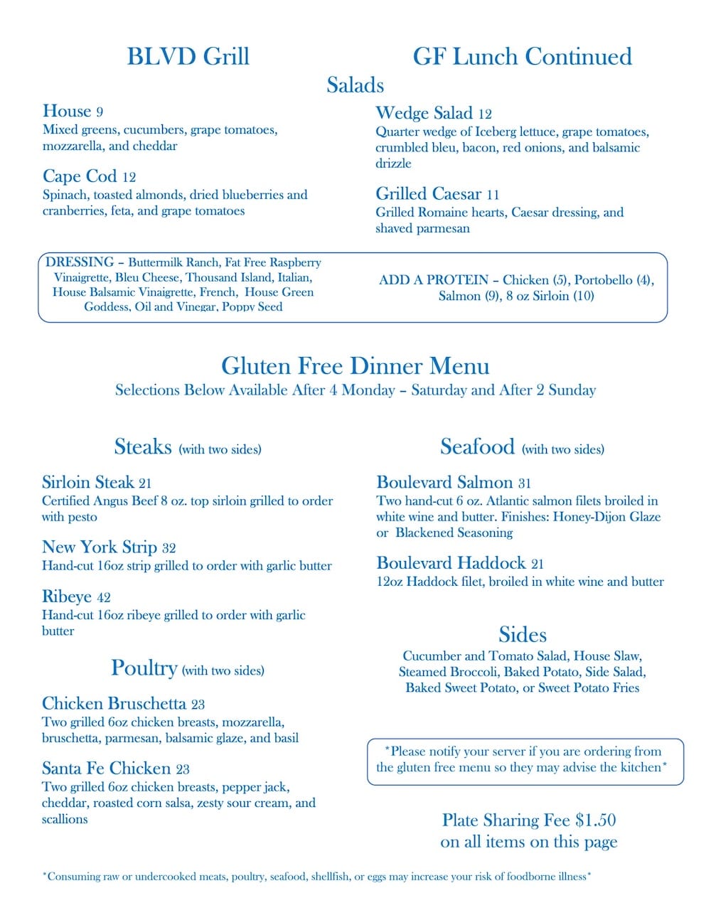 Blvd Grill Gluten Free Menu