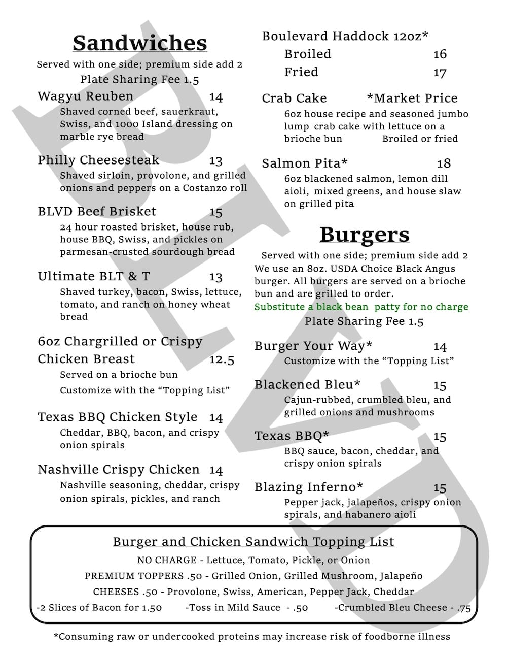 Blvd Grill Lunch Menu