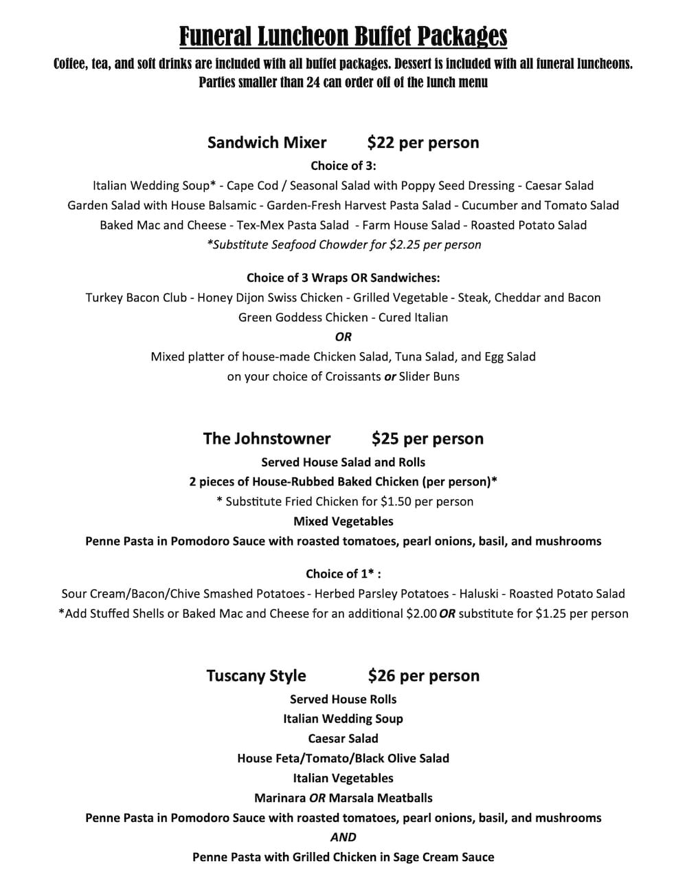 Blvd Grill Funeral / Memorial Luncheon Menu