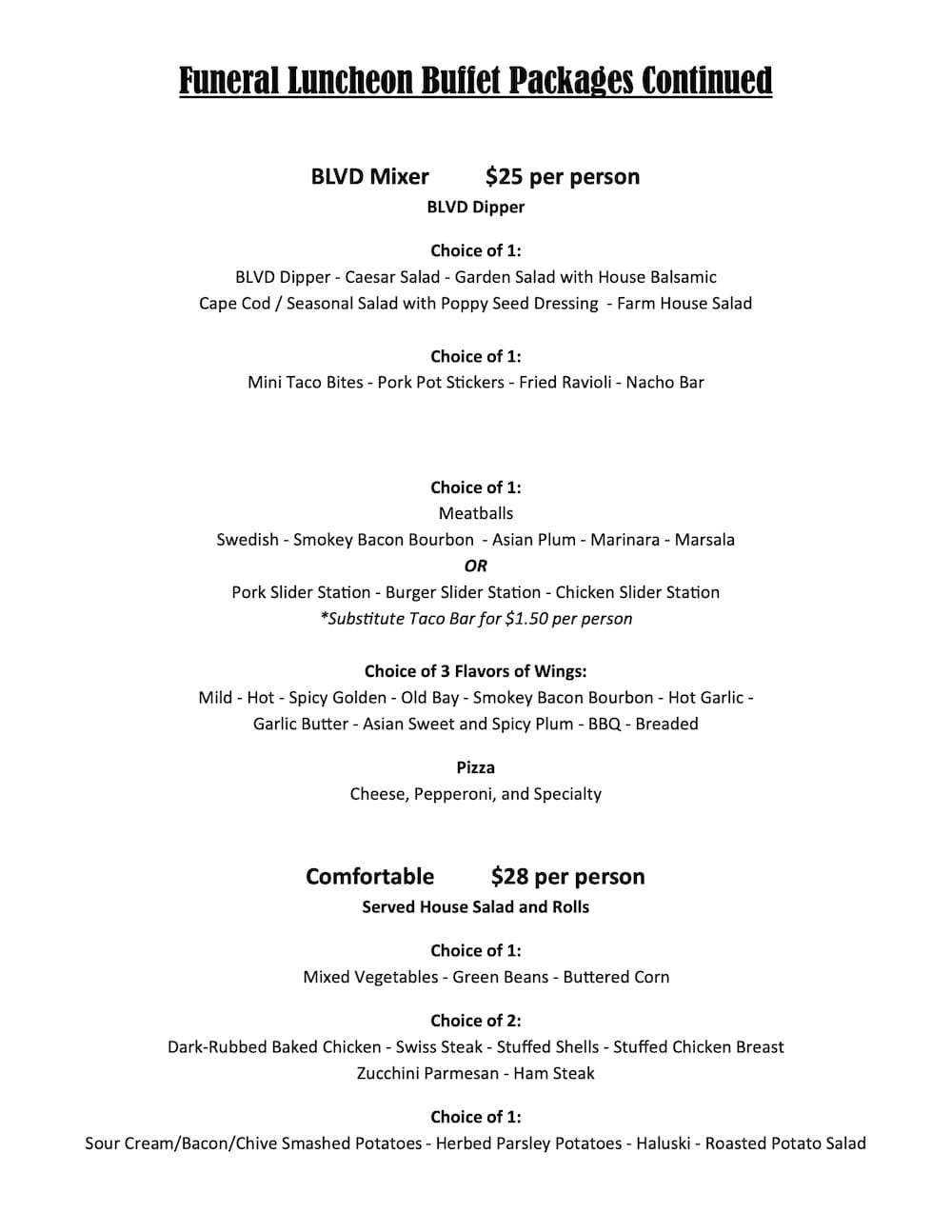 Blvd Grill Funeral / Memorial Luncheon Menu