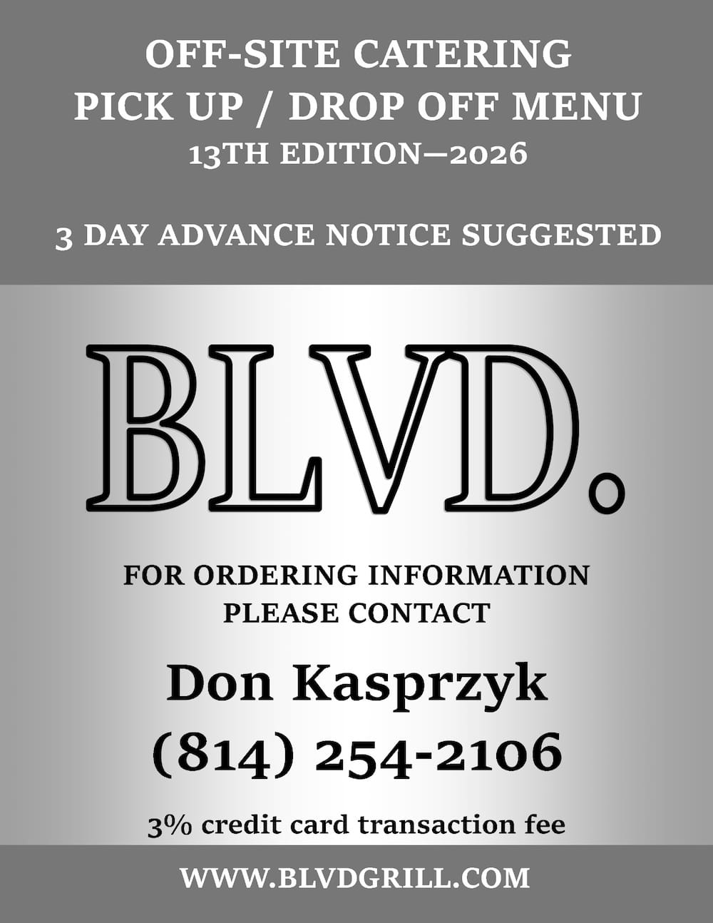 The Blvd Grill Catering menu page 1.