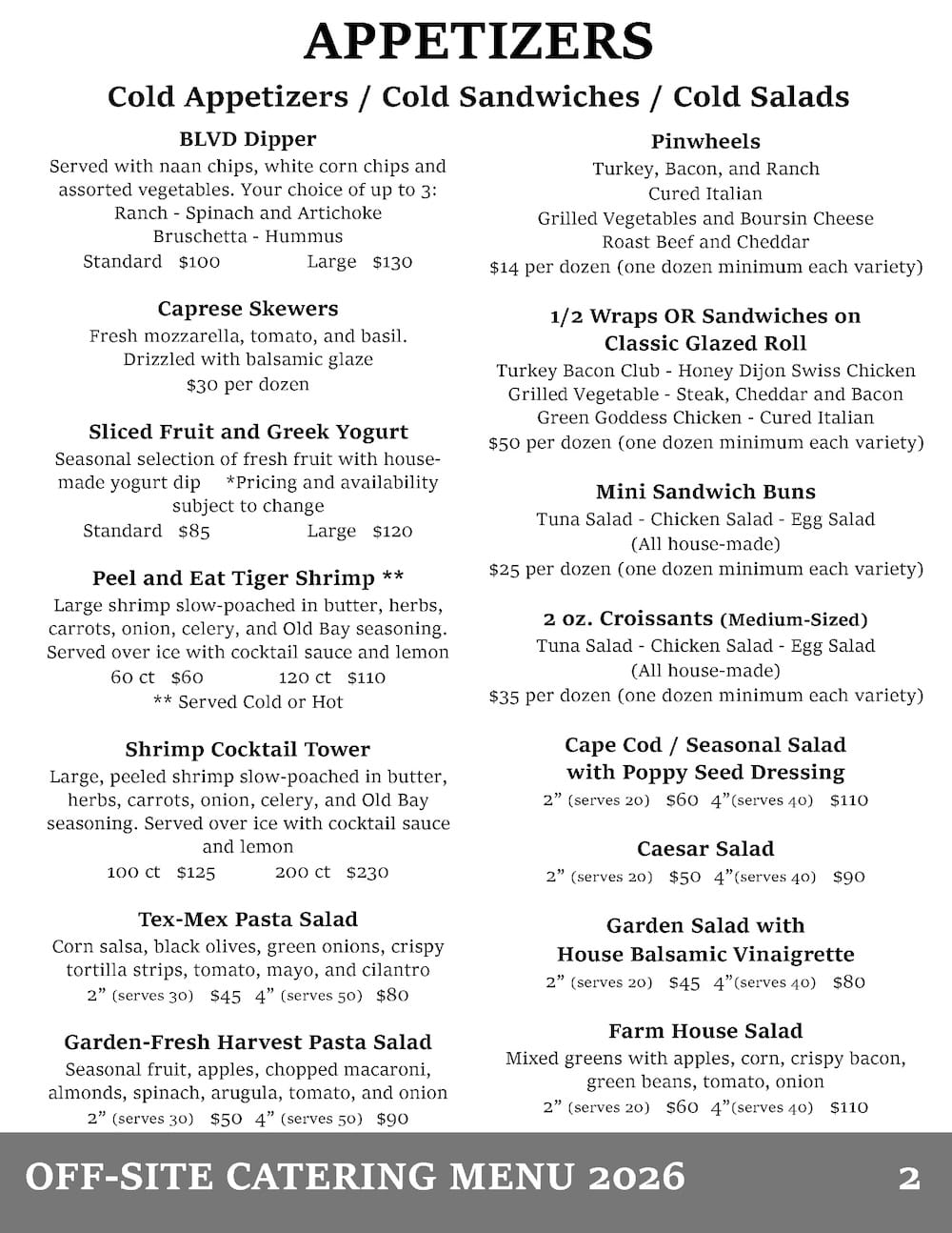 The Blvd Grill Catering menu page 2.