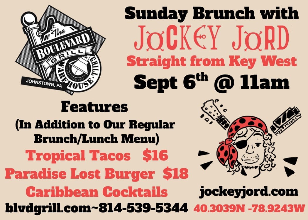 Sunday Brunch with Jockey Ford 09/06 at 11AM featuring $16 tropical tacos, $18 paradise lost burger, & Caribbean cocktails in addition to the regular Blvd Grill Brunch / Lunch menu.