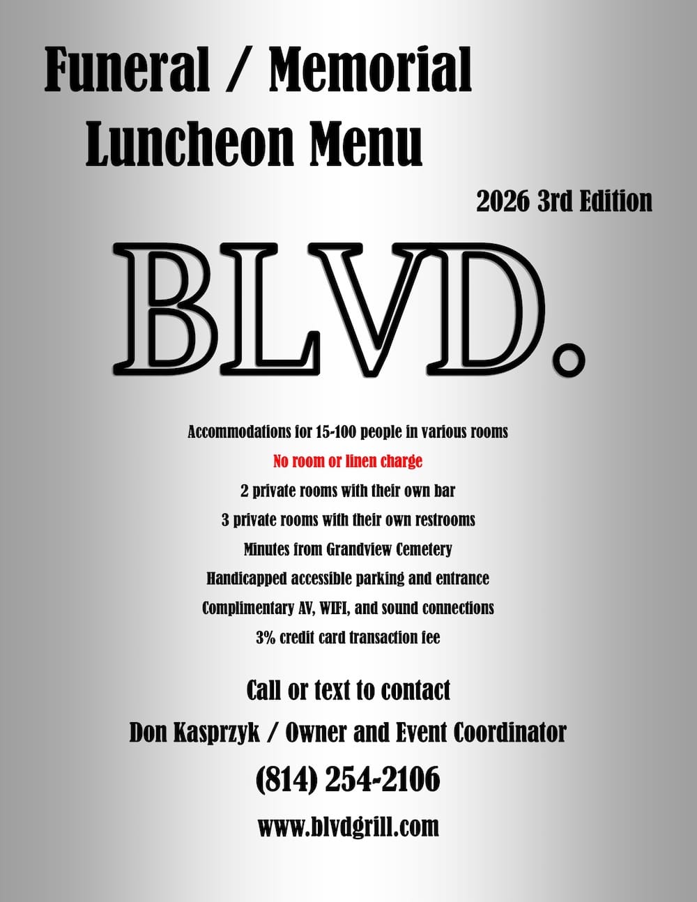 Blvd Grill Funeral / Memorial Luncheon Menu