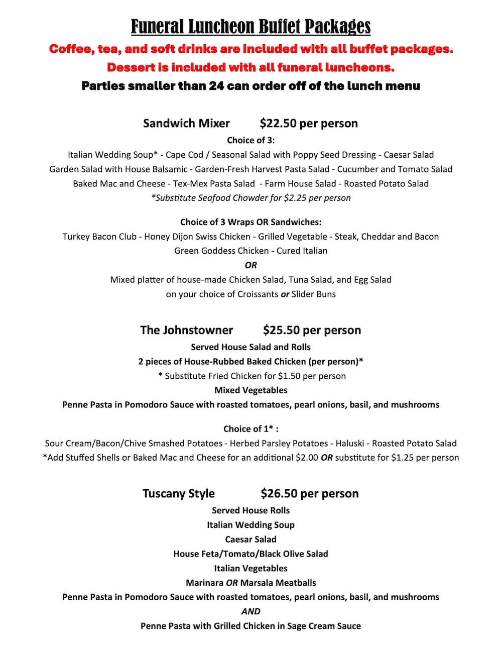 Blvd Grill Funeral / Memorial Luncheon Menu