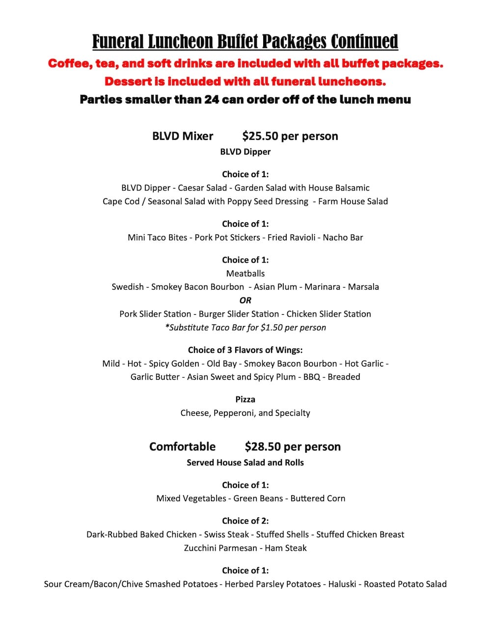 Blvd Grill Funeral / Memorial Luncheon Menu