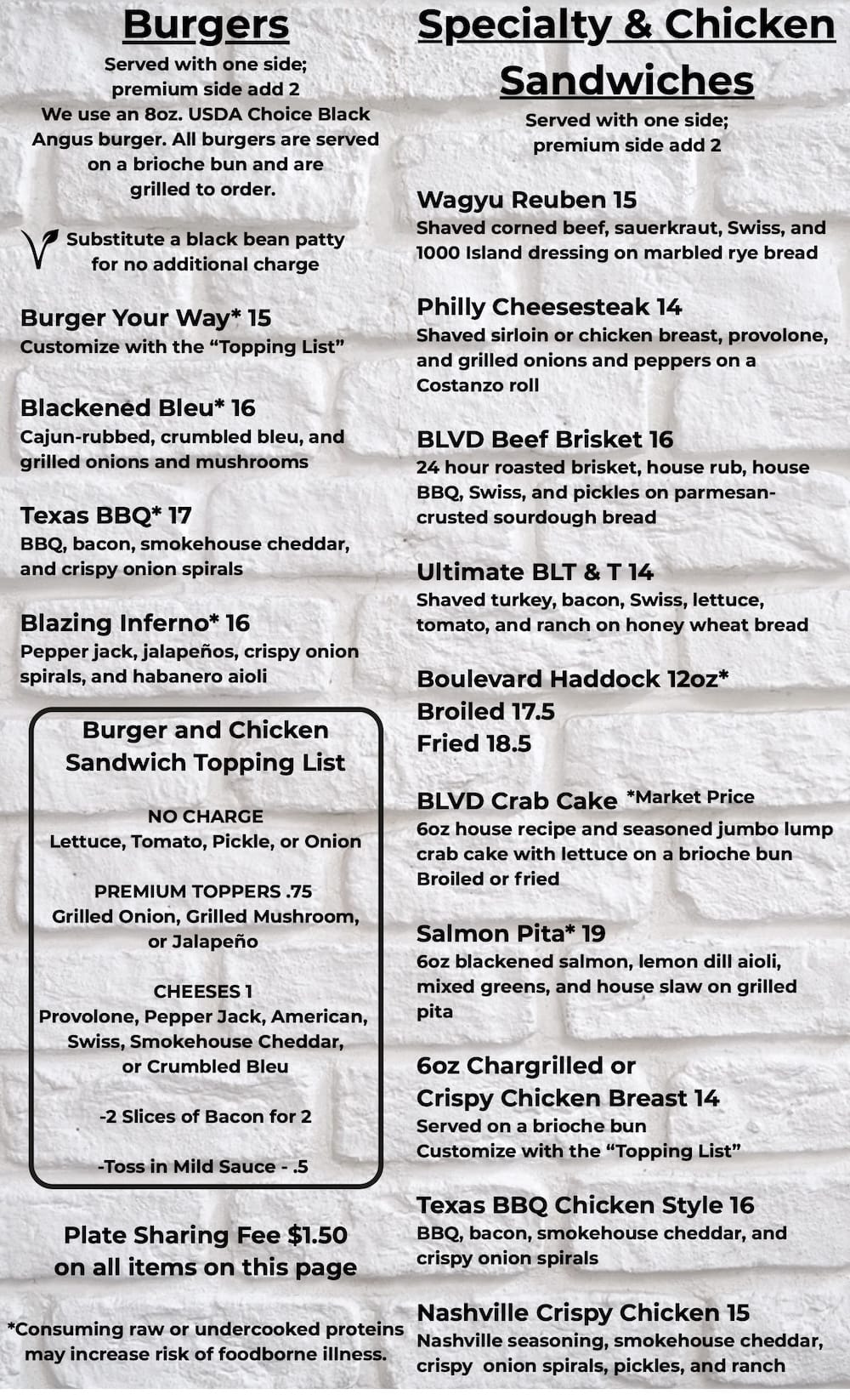 The Blvd Grill dinner menu.