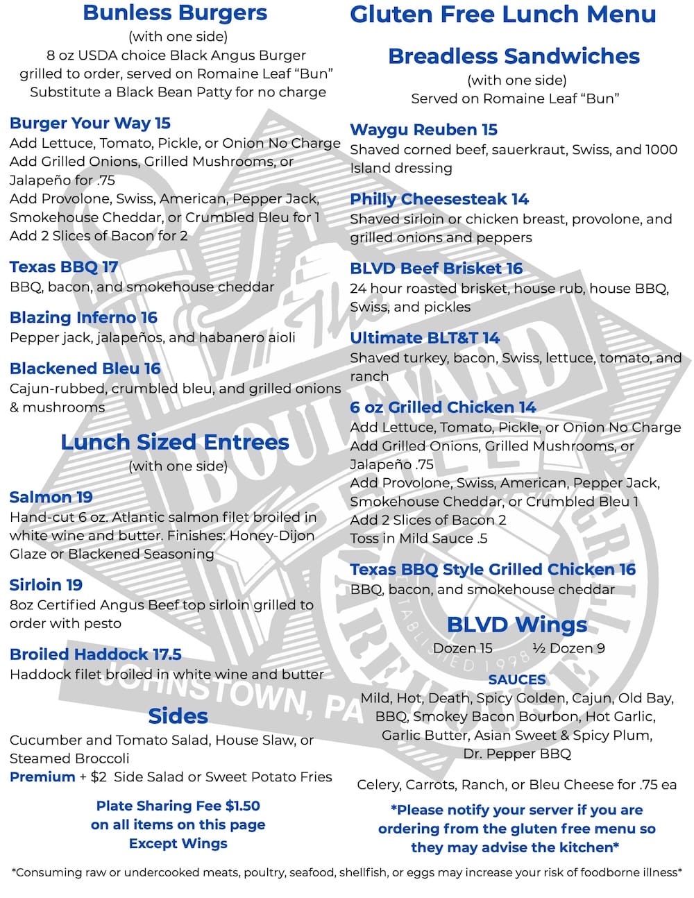 The Blvd Grill gluten free menu.