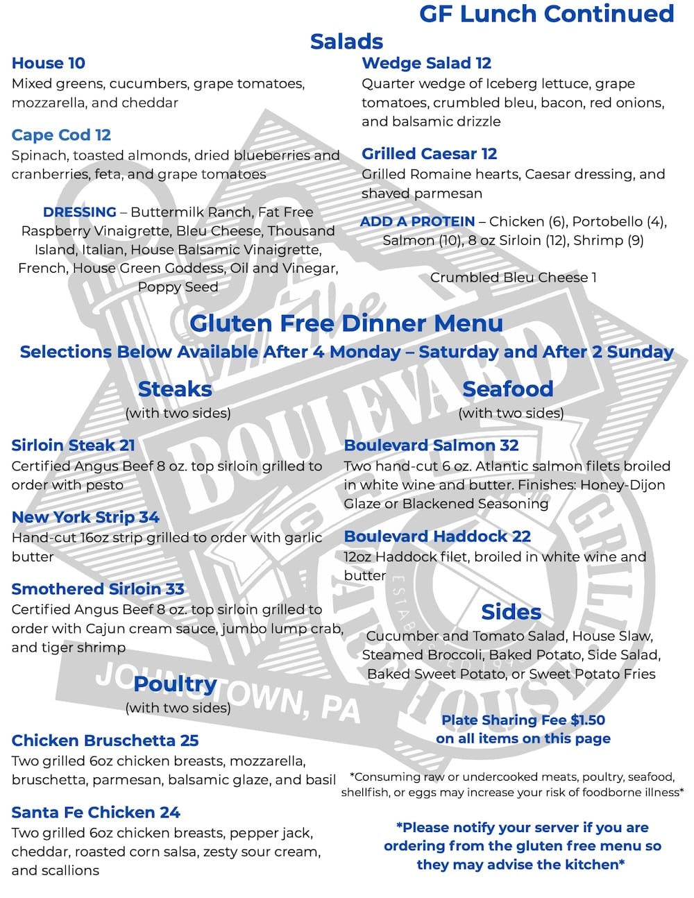 The Blvd Grill gluten free menu.